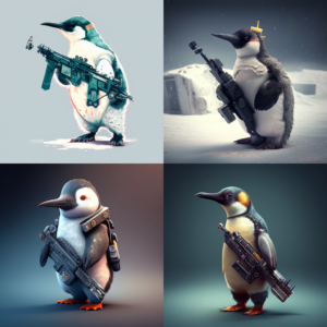 MidJourney image: AI generated image of a penguin for a role playing game from the single prompt "/Imagine a penguin holding with a Kriss Vector SMG"