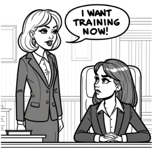 A line drawing cartoon of two females in a professional office setting. The boss, a middle-aged woman in a formal business suit, is depicted as assert