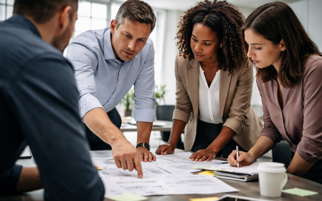 Employees participating in a challenging role play training session under evaluation to improve workplace performance